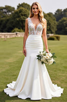 Load image into Gallery viewer, Ivory Satin Sweep Train V Neck Mermaid Wedding Dress with Lace