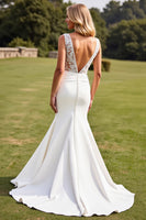 Load image into Gallery viewer, Ivory Satin Sweep Train V Neck Mermaid Wedding Dress with Lace