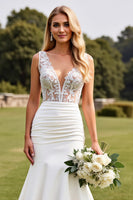 Load image into Gallery viewer, Ivory Satin Sweep Train V Neck Mermaid Wedding Dress with Lace