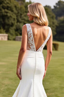 Load image into Gallery viewer, Ivory Satin Sweep Train V Neck Mermaid Wedding Dress with Lace