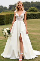 Load image into Gallery viewer, Ivory Sweep Train V Neck Wedding Dress with Lace
