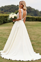 Load image into Gallery viewer, Ivory Sweep Train V Neck Wedding Dress with Lace