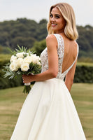 Load image into Gallery viewer, Ivory Sweep Train V Neck Wedding Dress with Lace