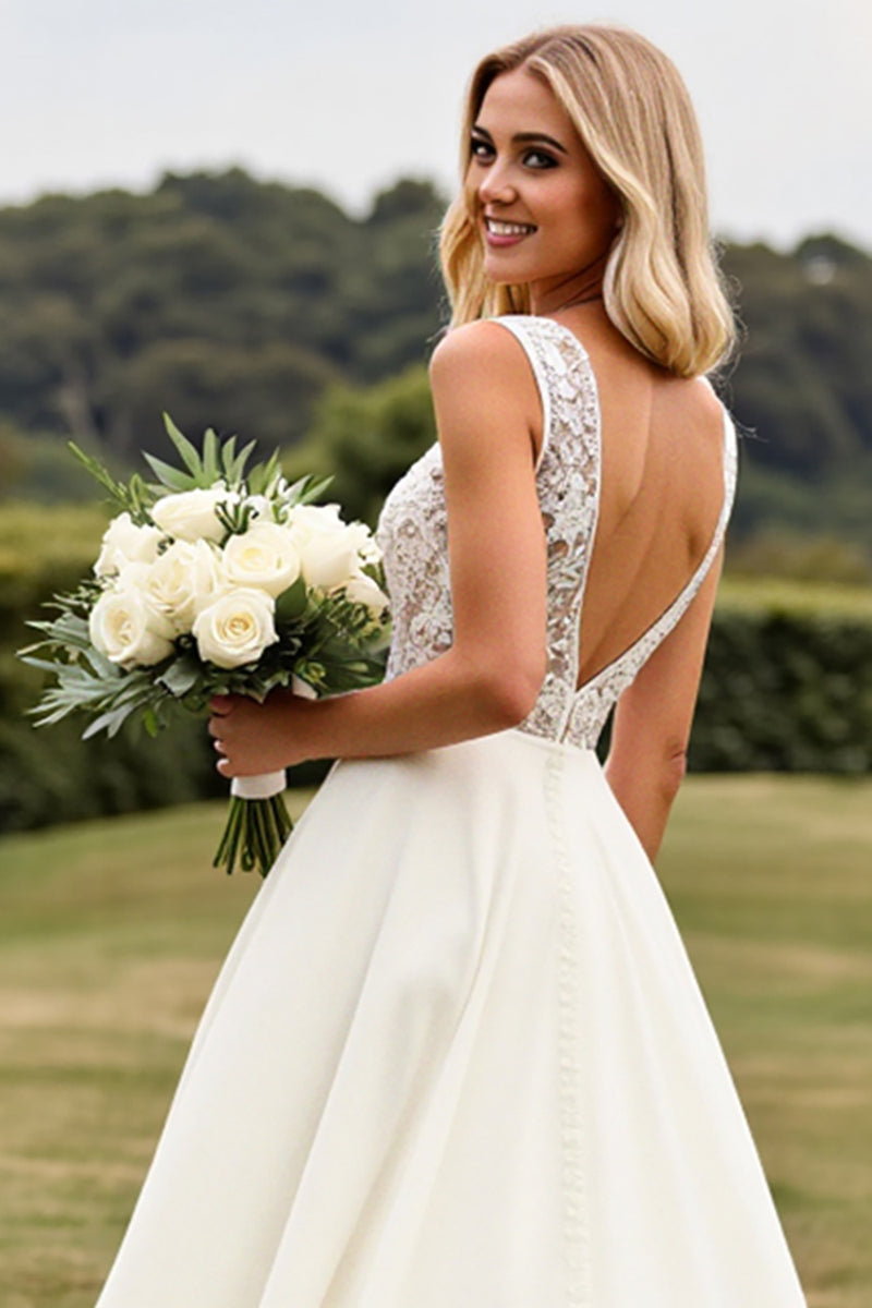 Load image into Gallery viewer, Ivory Sweep Train V Neck Wedding Dress with Lace