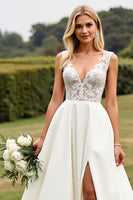Load image into Gallery viewer, Ivory Sweep Train V Neck Wedding Dress with Lace