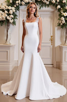 Load image into Gallery viewer, White Satin Sweep Train Square Neck Mermaid Wedding Dress with Lace