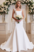 Load image into Gallery viewer, White Satin Sweep Train Square Neck Mermaid Wedding Dress with Lace