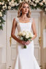 Load image into Gallery viewer, White Satin Sweep Train Square Neck Mermaid Wedding Dress with Lace