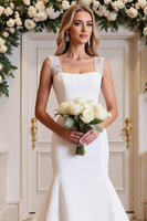 Load image into Gallery viewer, White Satin Sweep Train Square Neck Mermaid Wedding Dress with Lace