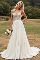 Load image into Gallery viewer, Ivory Chiffon Sweep Train V Neck Boho Wedding Dress with Lace