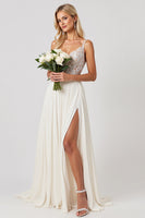 Load image into Gallery viewer, Ivory Chiffon Sweep Train V Neck Boho Wedding Dress with Lace