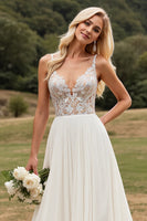 Load image into Gallery viewer, Ivory Chiffon Sweep Train V Neck Boho Wedding Dress with Lace