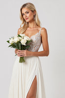 Load image into Gallery viewer, Ivory Chiffon Sweep Train V Neck Boho Wedding Dress with Lace
