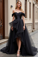 Load image into Gallery viewer, Black Sweep Train Off the Shoulder Wedding Dress with Ruffle