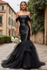 Load image into Gallery viewer, Black Satin Sweep Train Off the Shoulder Mermaid Wedding Dress with Ruffles