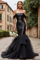 Load image into Gallery viewer, Black Satin Sweep Train Off the Shoulder Mermaid Wedding Dress with Ruffles