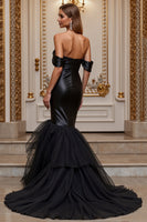 Load image into Gallery viewer, Black Satin Sweep Train Off the Shoulder Mermaid Wedding Dress with Ruffles