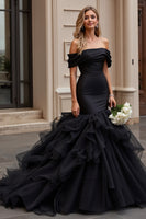 Load image into Gallery viewer, Black Satin Sweep Train Off the Shoulder Mermaid Wedding Dress with Ruffles