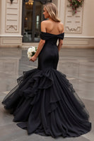 Load image into Gallery viewer, Black Satin Sweep Train Off the Shoulder Mermaid Wedding Dress with Ruffles