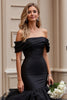 Load image into Gallery viewer, Black Satin Sweep Train Off the Shoulder Mermaid Wedding Dress with Ruffles