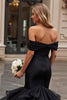 Load image into Gallery viewer, Black Satin Sweep Train Off the Shoulder Mermaid Wedding Dress with Ruffles