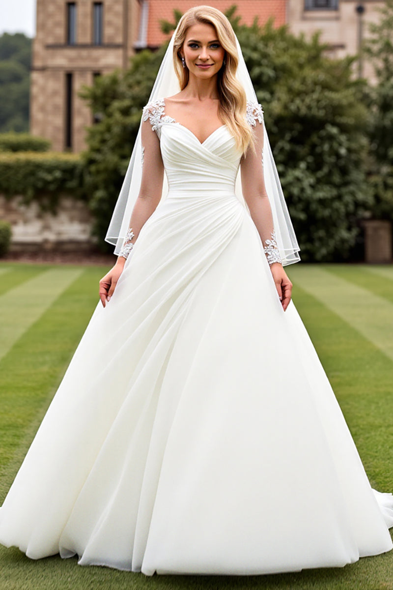 Load image into Gallery viewer, Ivory Organza Sweep Train V Neck Wedding Dress with Lace