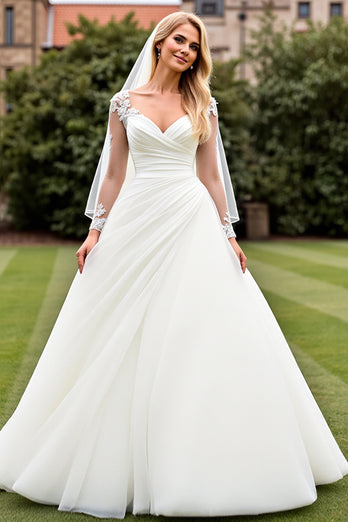 Ivory Organza Sweep Train V Neck Wedding Dress with Lace