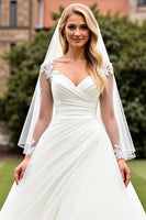 Load image into Gallery viewer, Ivory Organza Sweep Train V Neck Wedding Dress with Lace
