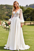 Load image into Gallery viewer, Ivory  V Neck Chiffon Sweep Train Boho Wedding Dress with Lace