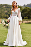 Load image into Gallery viewer, Ivory  V Neck Chiffon Sweep Train Boho Wedding Dress with Lace