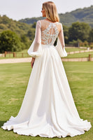 Load image into Gallery viewer, Ivory  V Neck Chiffon Sweep Train Boho Wedding Dress with Lace
