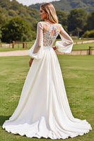 Load image into Gallery viewer, Ivory  V Neck Chiffon Sweep Train Boho Wedding Dress with Lace
