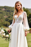 Load image into Gallery viewer, Ivory  V Neck Chiffon Sweep Train Boho Wedding Dress with Lace