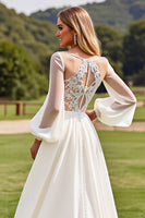 Load image into Gallery viewer, Ivory  V Neck Chiffon Sweep Train Boho Wedding Dress with Lace