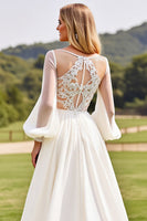 Load image into Gallery viewer, Ivory  V Neck Chiffon Sweep Train Boho Wedding Dress with Lace