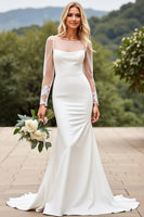 Load image into Gallery viewer, Ivory Satin Sweep Train Illusion Boat Neck Wedding Dress with Lace