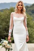 Load image into Gallery viewer, Ivory Satin Sweep Train Illusion Boat Neck Wedding Dress with Lace