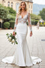 Load image into Gallery viewer, Ivory Satin Mermaid Sweep Train V Neck Wedding Dress with Lace