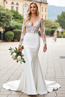 Load image into Gallery viewer, Ivory Satin Mermaid Sweep Train V Neck Wedding Dress with Lace