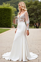 Load image into Gallery viewer, Ivory Satin Mermaid Sweep Train V Neck Wedding Dress with Lace