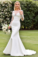 Load image into Gallery viewer, Ivory Satin Illusion Boat Neck Sweep Train Mermaid Wedding Dress with Lace