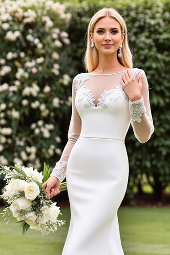 Ivory Satin Illusion Boat Neck Sweep Train Mermaid Wedding Dress with Lace