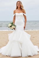 Load image into Gallery viewer, Ivory Satin Off the Shoulder Sweep Train Mermaid Wedding Dress with Ruffle
