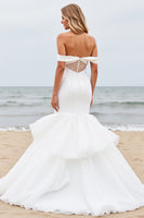 Load image into Gallery viewer, Ivory Satin Off the Shoulder Sweep Train Mermaid Wedding Dress with Ruffle