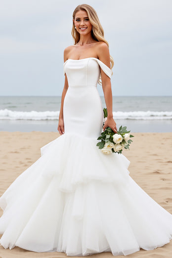 Ivory Satin Off the Shoulder Sweep Train Mermaid Wedding Dress with Ruffle
