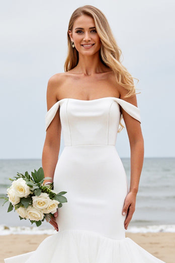 Ivory Satin Off the Shoulder Sweep Train Mermaid Wedding Dress with Ruffle