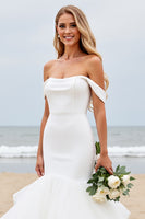 Load image into Gallery viewer, Ivory Satin Off the Shoulder Sweep Train Mermaid Wedding Dress with Ruffle