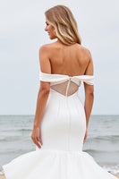 Load image into Gallery viewer, Ivory Satin Off the Shoulder Sweep Train Mermaid Wedding Dress with Ruffle