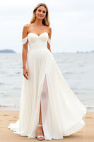 Load image into Gallery viewer, Ivory Chiffon Off the Shoulder Sweep Train Boho Wedding Dress with Slit