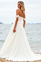 Load image into Gallery viewer, Ivory Chiffon Off the Shoulder Sweep Train Boho Wedding Dress with Slit